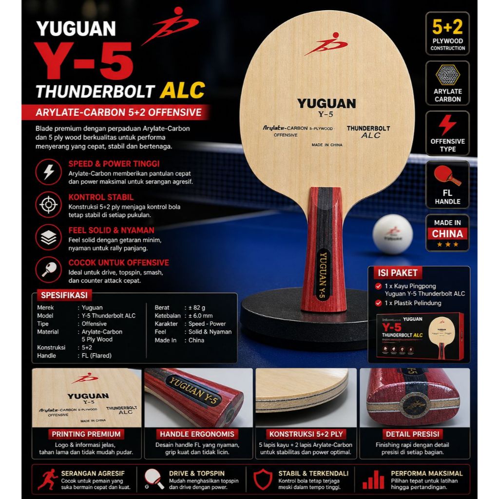Kayu Yuguan Tenis Meja Pingpong Y-5 Original