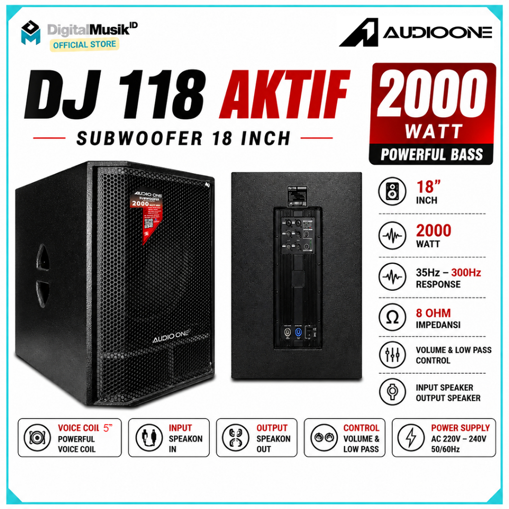 AUDIO ONE Subwoofer Aktif 18 Inch 2000 Watt DJ118 Power DSP Sound System Lapangan Cafe Resto  I DM