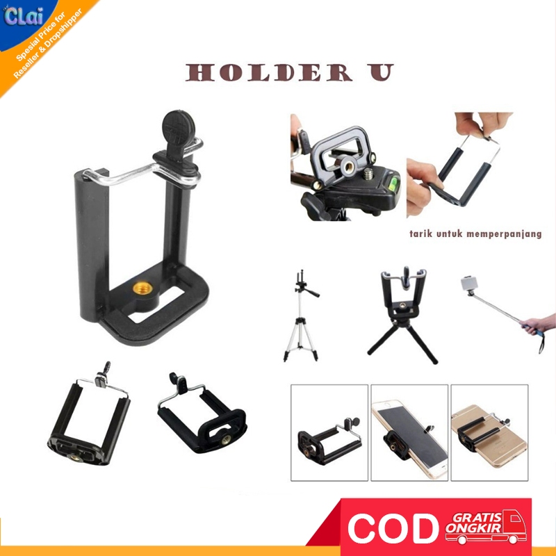 (clai) Holder U Size M Tebal 2 posisi lubang baut Untuk Hp Tripod Gorillapod gorilla gorila spider p