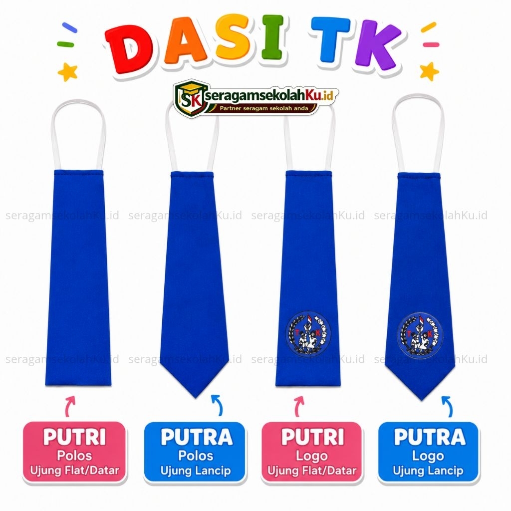 Dasi TK Nasional Biru Benhur Anak Sekolah Putra Putri Polos Logo Tali Karet Siap Pakai