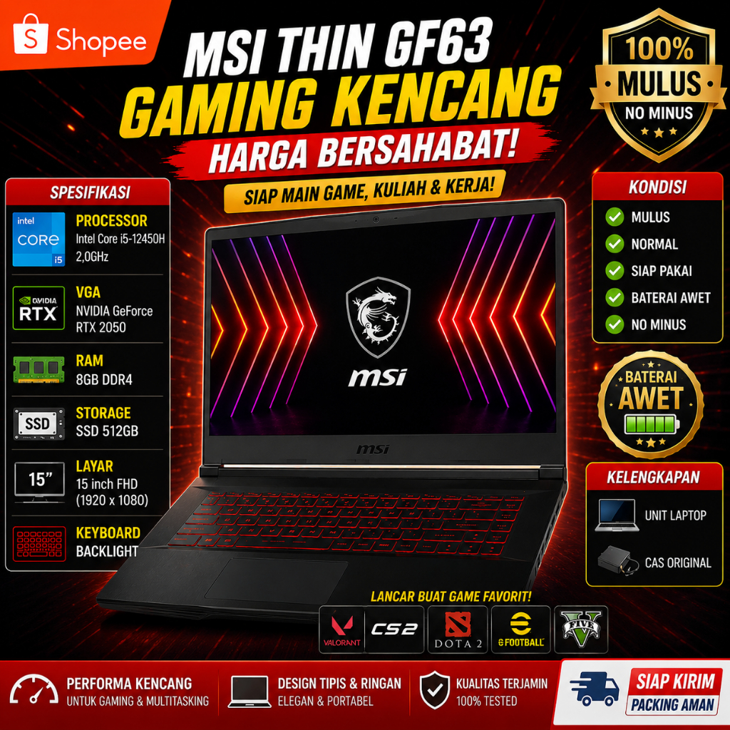 MSI Thin GF63 Core i5 Gen 12 RTX 2050 | SSD 512GB | Gaming & Editing Mulus