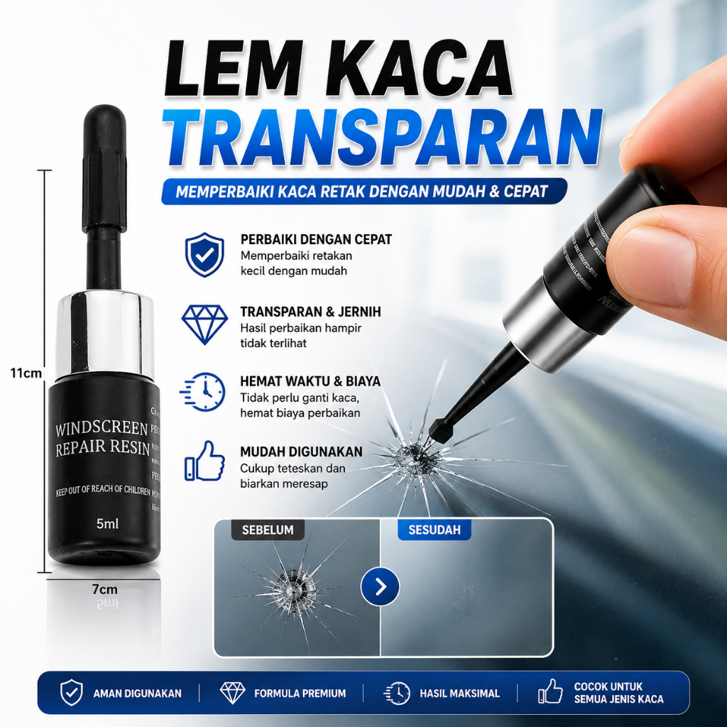 NEW lem transparan Reparasi Kaca Mobil Retak Premium – Lem Resin Transparan untuk Kaca Pecah & Baret