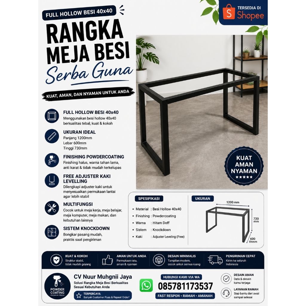 Meja Besi Minimalis 120x60x75 cm | Rangka Holo 40x40 Full Besi | Finishing Powder Coating | Meja Ker