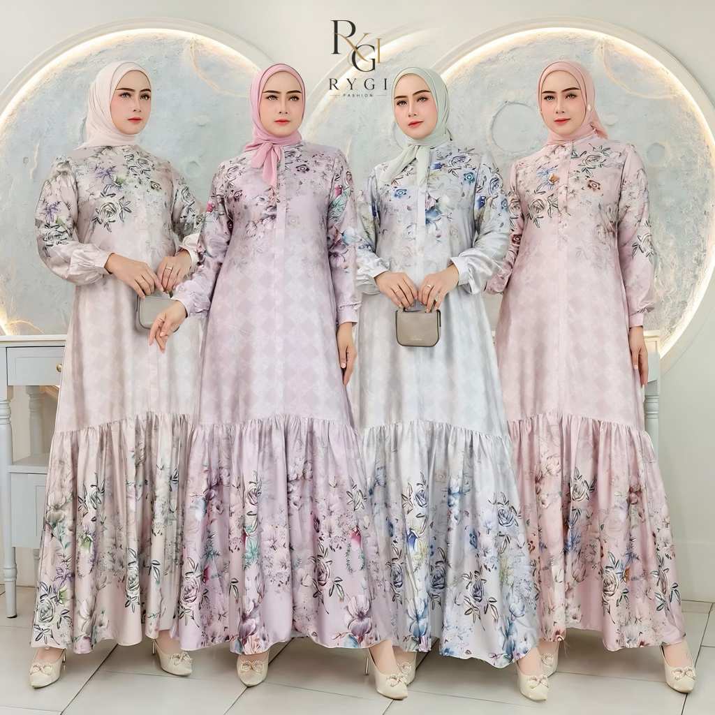 RYGI Fashion - Lunara Dress Armani Silk Busui / Gamis Armani silk Printing Rempel / Gamis Pesta Mewa