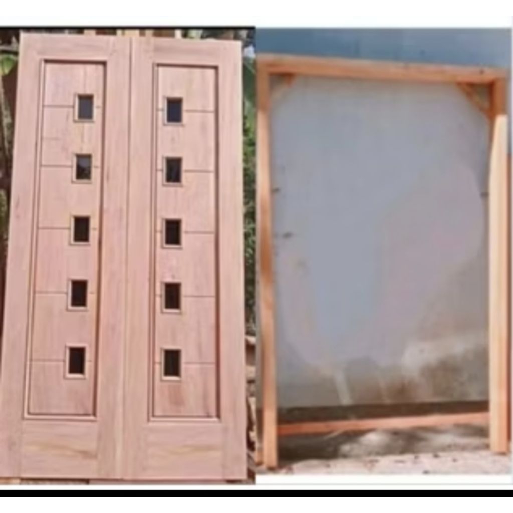 Promo Ready stok satu set kusen + daun pintu kupu tarung UK 200cm x 210cm kayu mahoni solid tebel 4c