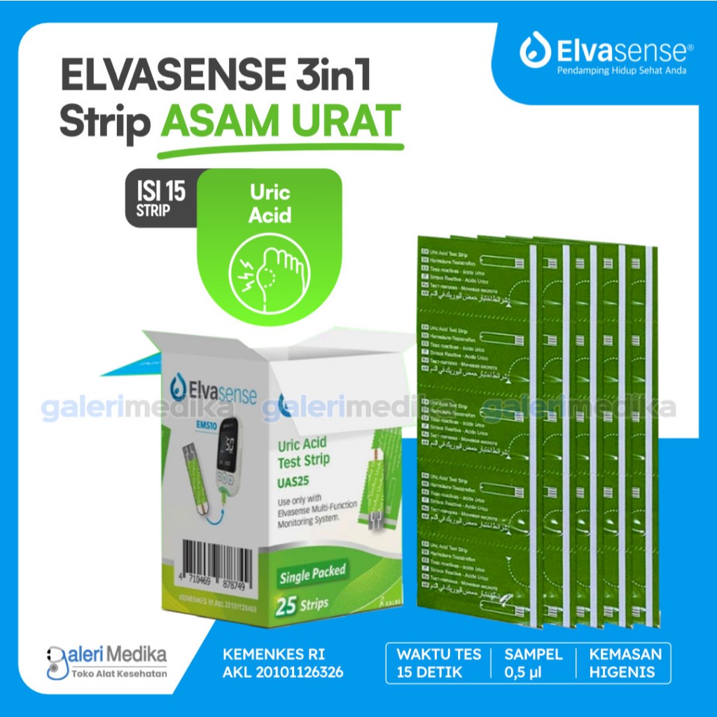 ELVASENSE 3in1 Strip UA Uri Acid ASAM URAT Kemasan HIGENIS Isi 25 pcs