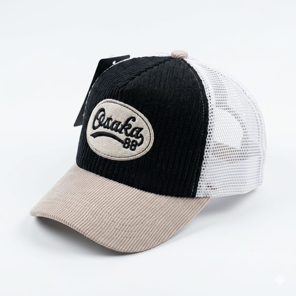 Topi Trucker Hat Corduroy | Topi Viral Jaring Korduroy Visor Pendek OSAKA Kombinasi