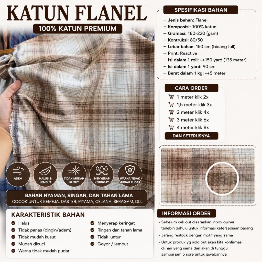 kain katun flanel // flanell motif kotak // flanel meteran