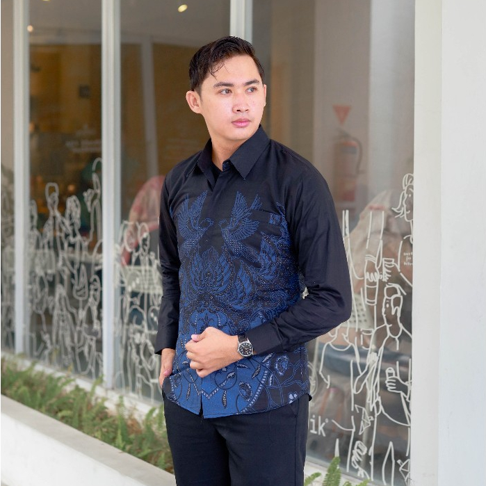 Batik Abimana motif Lokananta slimfit lengan panjang kemeja hem biru hitam modern new baru laris mur