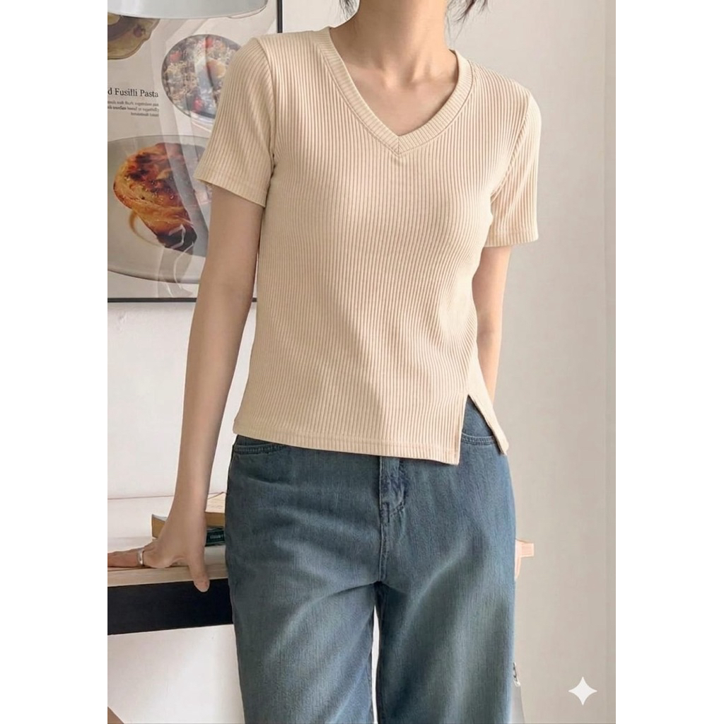 Atasan Kaos Rib Wanita V-Neck Murah Premium Baju Rajut Knit Cewek Lengan Pendek