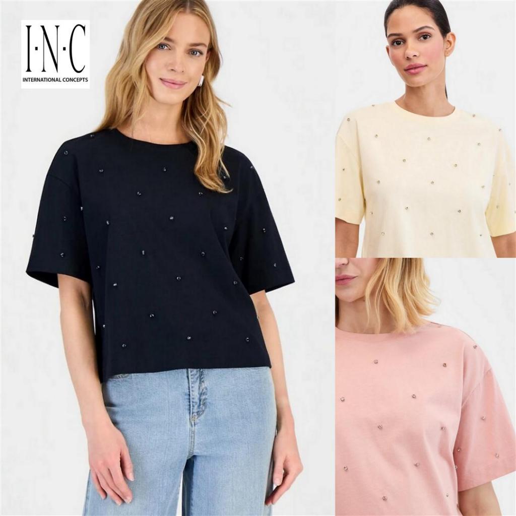 Mode Republic - Women's Embellished T-Shirt - Daily Casual Knit Top - Atasan Kaos Katun Lengan Pende
