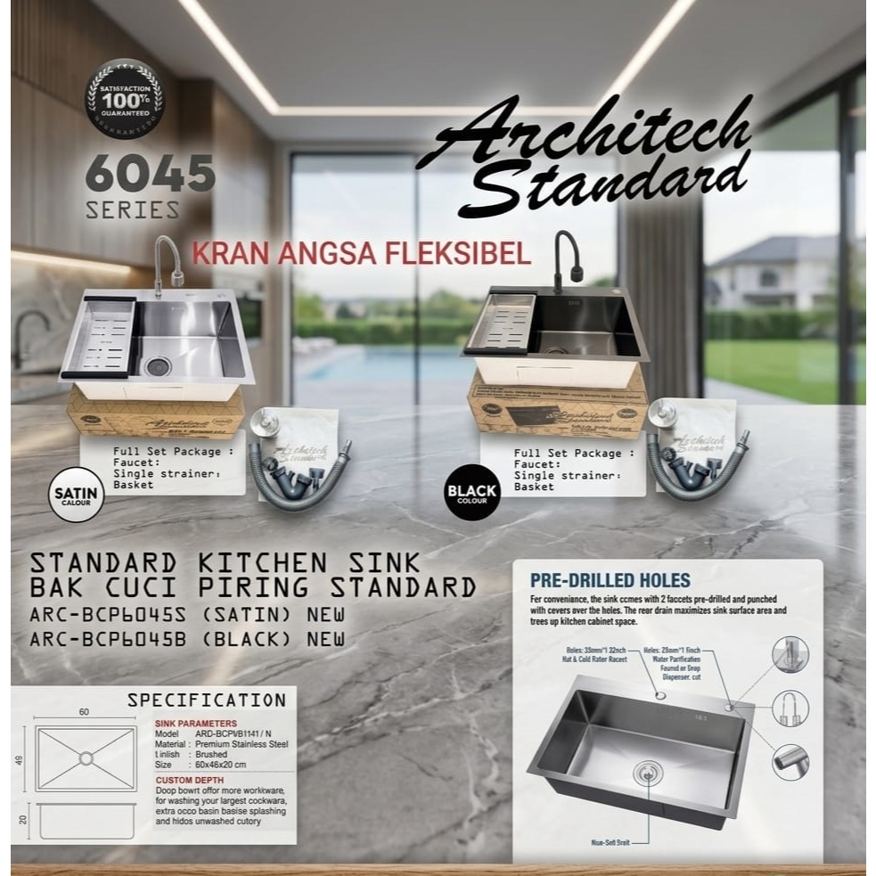 Wastafel Sink 1 Lubang Ukuran 60x45x22 Architech Standard 6045 Warna Black & Satin