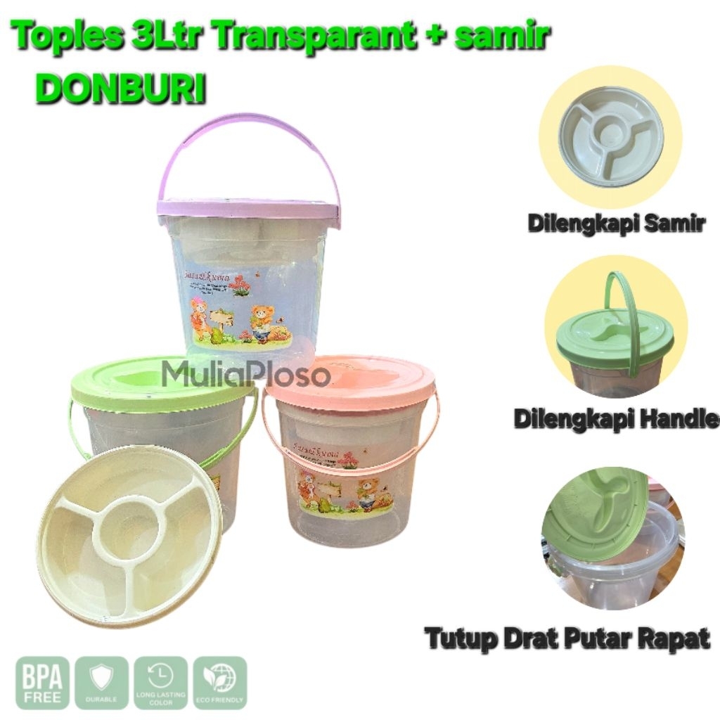 (Grosir) Toples Gagang Transparan 3 Liter DONBURI Dengan Samir / Sekat Wadah Berkatan Souvenir Ultah