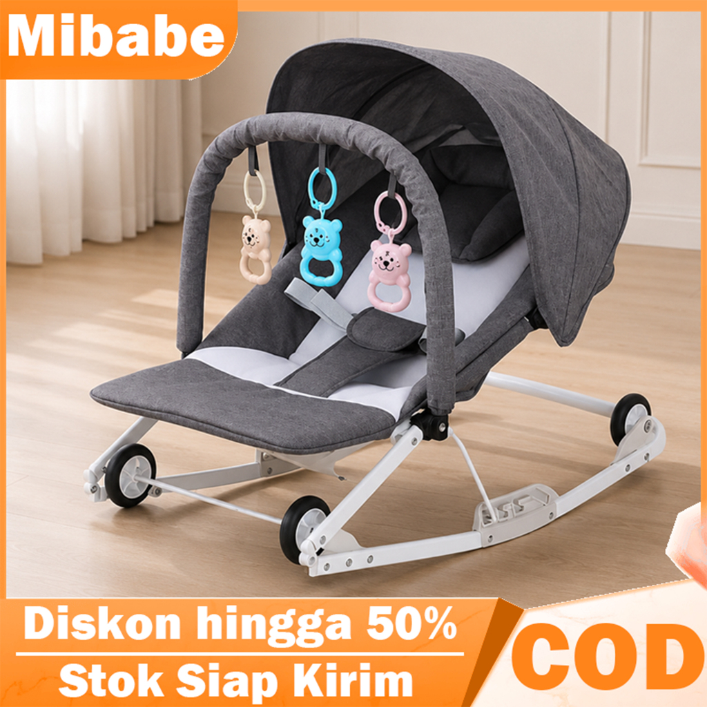 Ayunan Bayi 2 Mode Goyang Geser 3 Level Penyesuaian Duduk Tidur Kanopi Lipat Portabel Roda PU Senyap