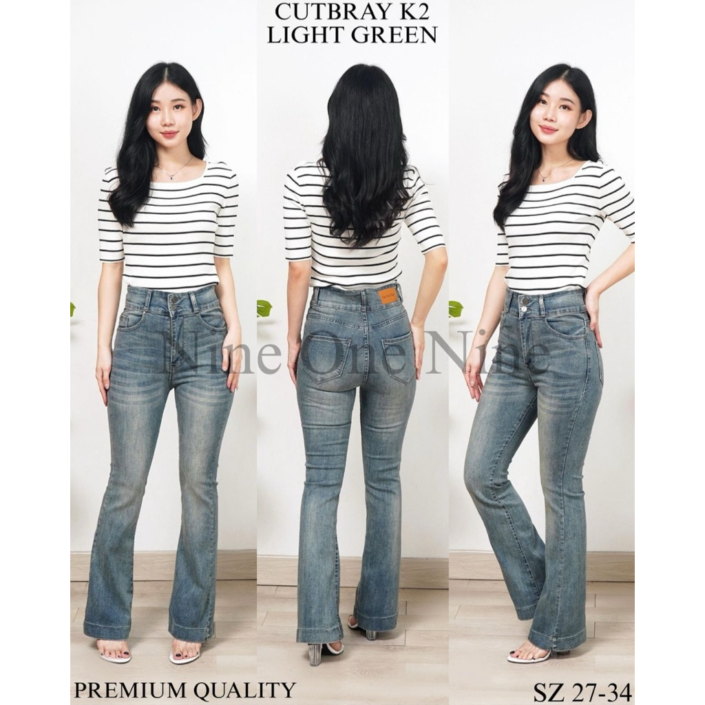 Celana Jeans Cutbray Hw Wanita Naomi Kancing 2 Light Green  Nine One Nine Jeans