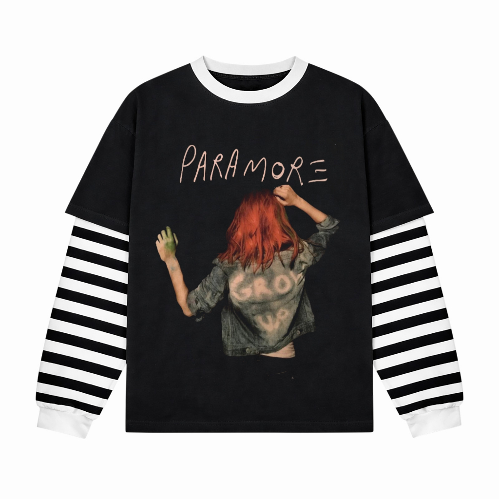 T-shirt Double Layer Salur DL RIB PARAMORE GROW UP Kaos Distro Long Sleeve Unisex Bahan Catton Combe
