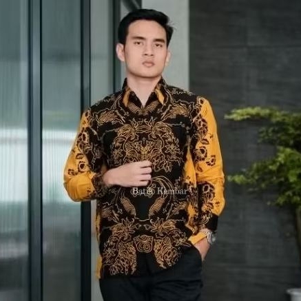 Baju Batik Pria Reguler LENGAN PANJANG Motif KANZA KUNING Kain Katun Lapisan Furing Baju Kantor Baju