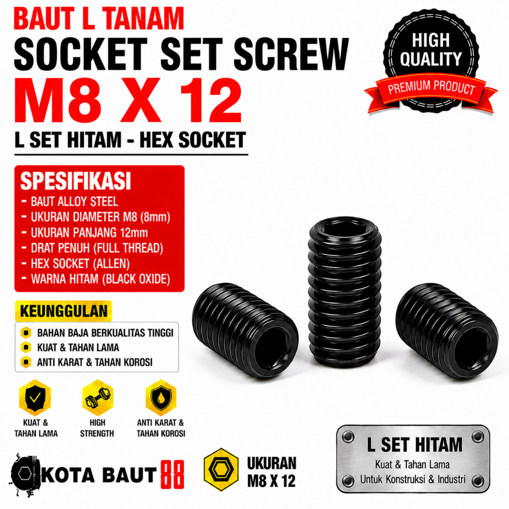 Baut L Tanam M8X12 / L Set 8X12 / Baut Tanam L M8 X 12 / L Set Hitam 8 X 12  - Socket Set Screw Blac