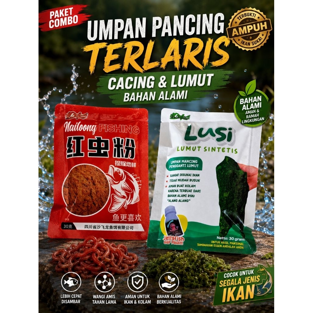 Paket Combo Umpan Pancing Terlaris Nailoong Bubuk Cacing Merah & Lumut Sintetis Favorit Ikan Siap Pa