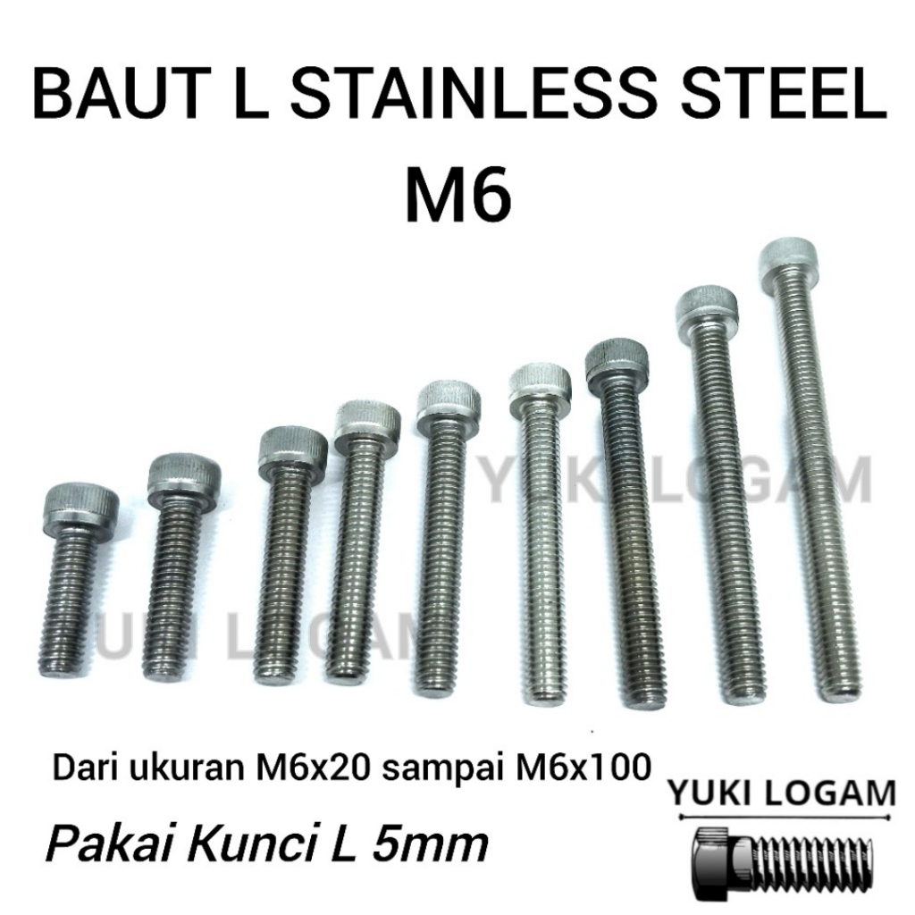100  Pcs Baut L M6 Stainless steel ukuran M6x20 sampai M6x100