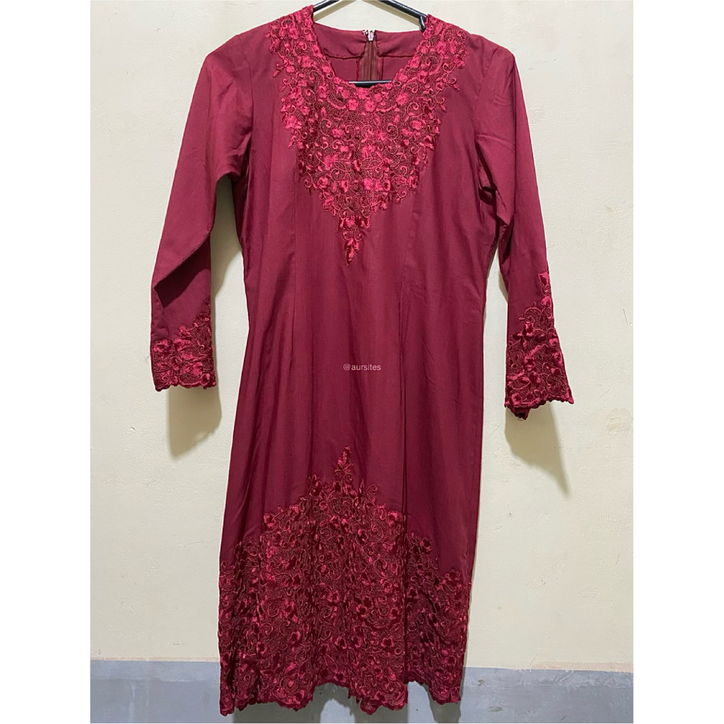 Kebaya Encim Katun Merah Maroon Brokat Brukat Bordir