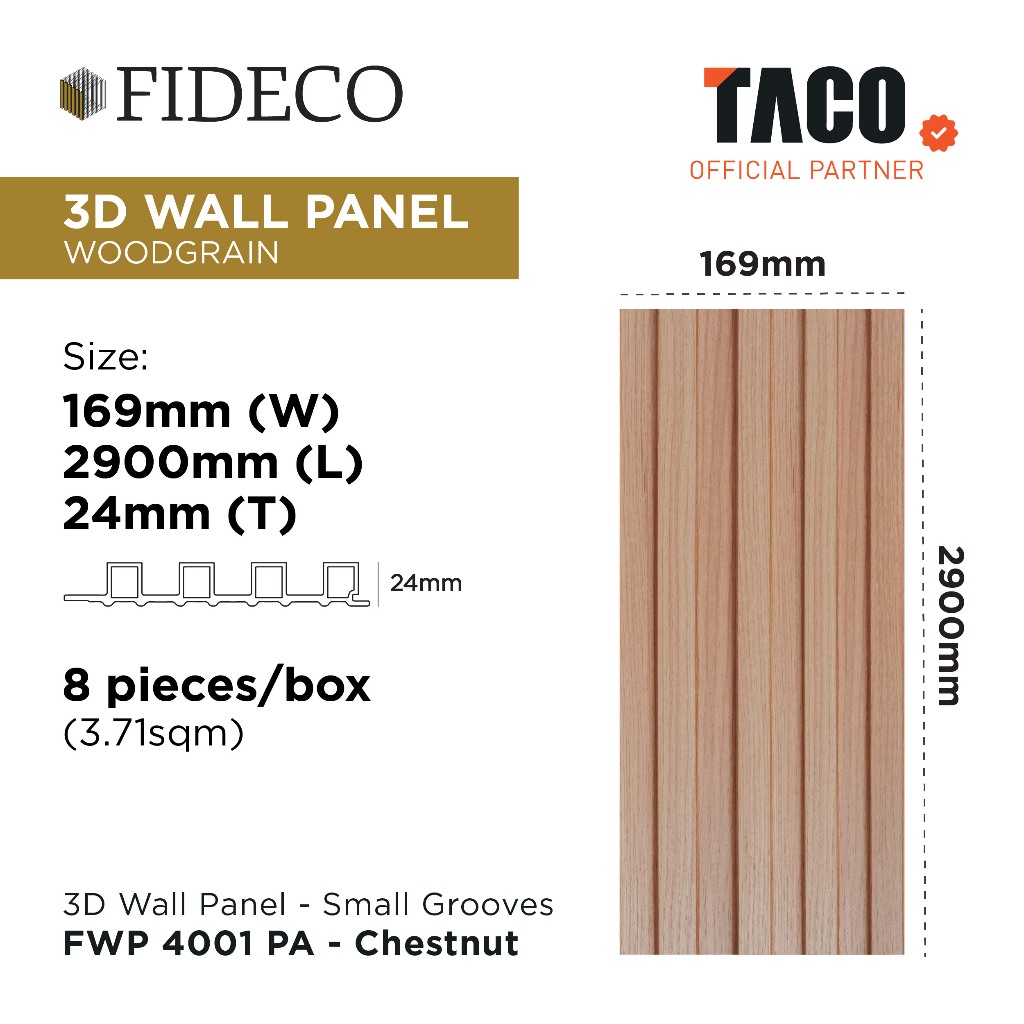 TACO FIDECO WPC 3D Wall Panel Small Grooves Motif Kayu Per 1 Lembar - FWP 4001 PA Chestnut