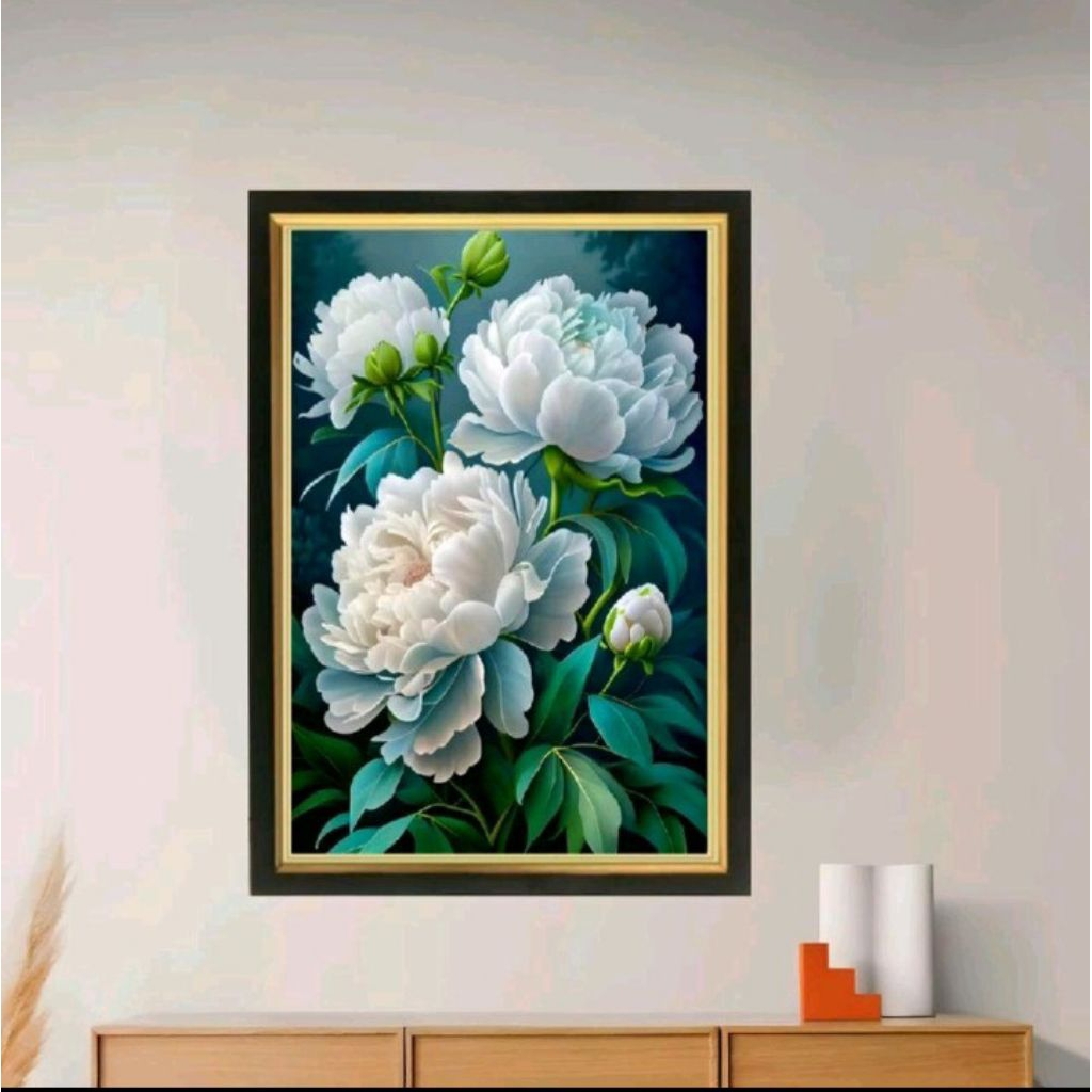 hiasan dinding lukisan cetak gambar bunga peony putih plus bingkai ukuran 65×45cm