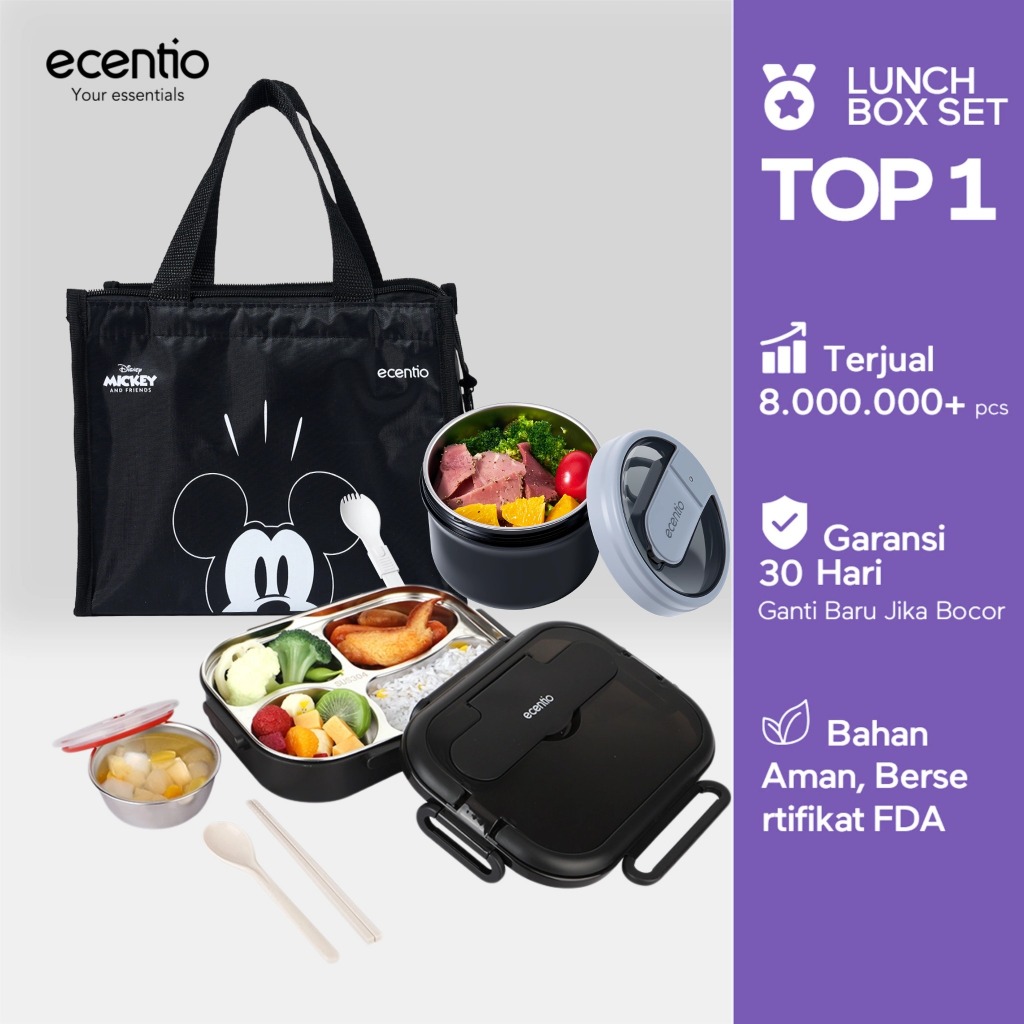 [BUY 1 GET 3]ecentio lunch box 1000ml stainless 304 sekat 4 dan anti tumpah free sendok sumpit  | fo