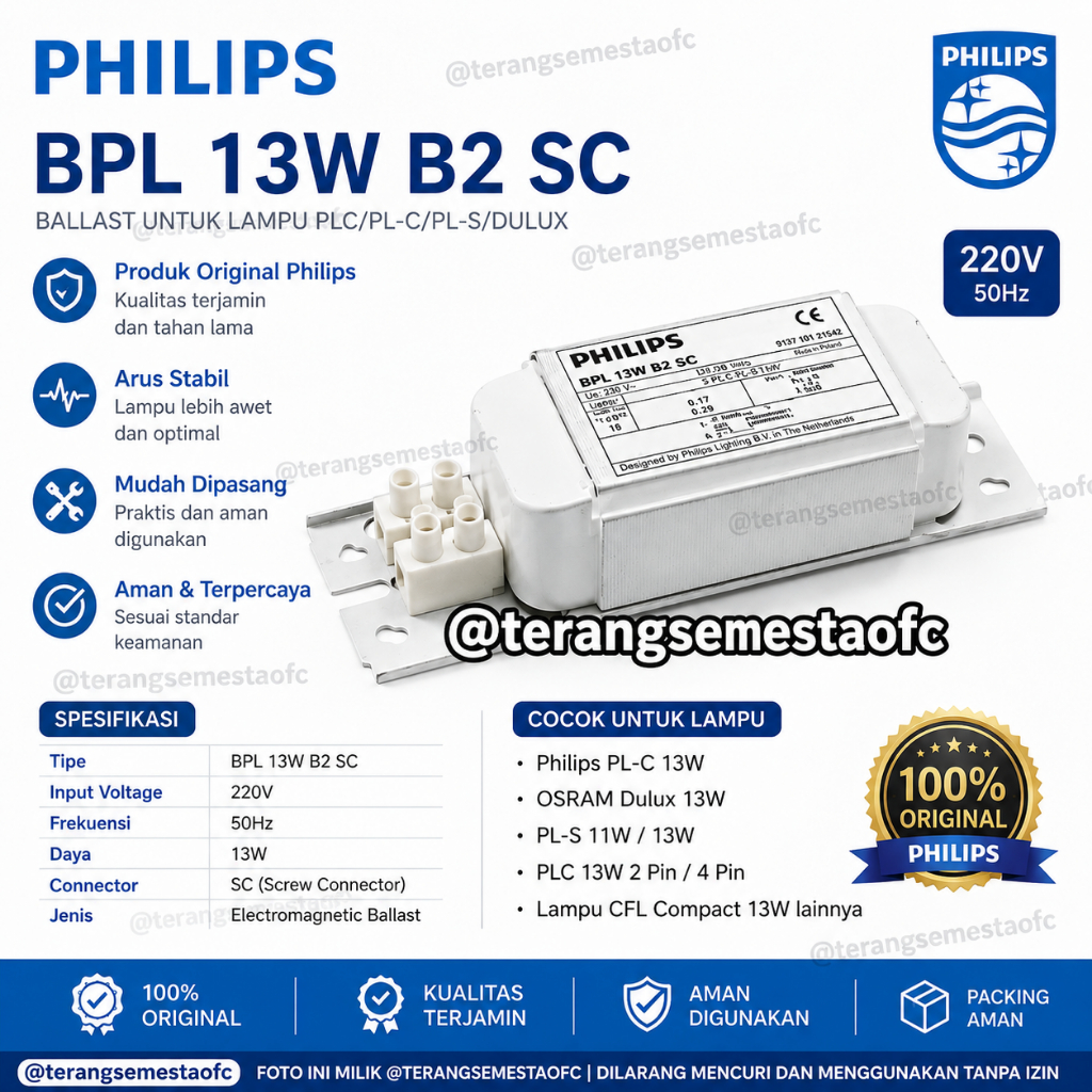 Ballast Philips BPL 13W B2 SC / Trafo PLC Merk Philips 13W