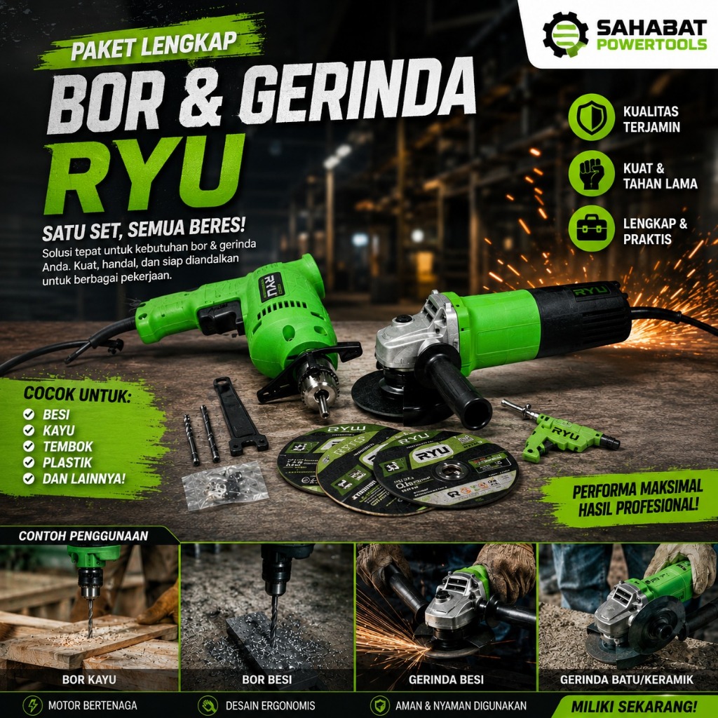 PAKET 2 SET TEKIRO RYU MESIN BOR LISTRIK 10 MM & RYU MESIN GERINDA