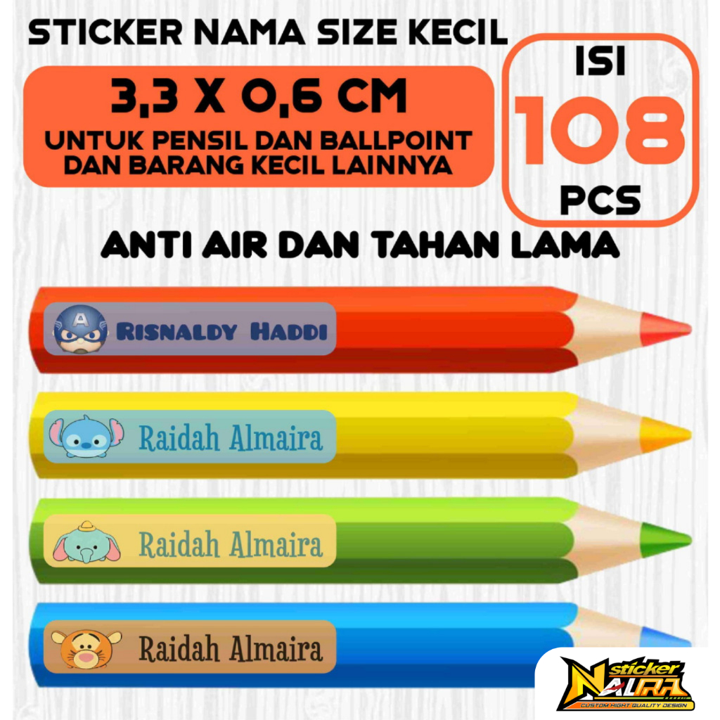 Stiker Label Nama Anak Custom Small Size Isi 108 Pcs Waterproof Tahan Air Untuk Barang Buku Pensil B