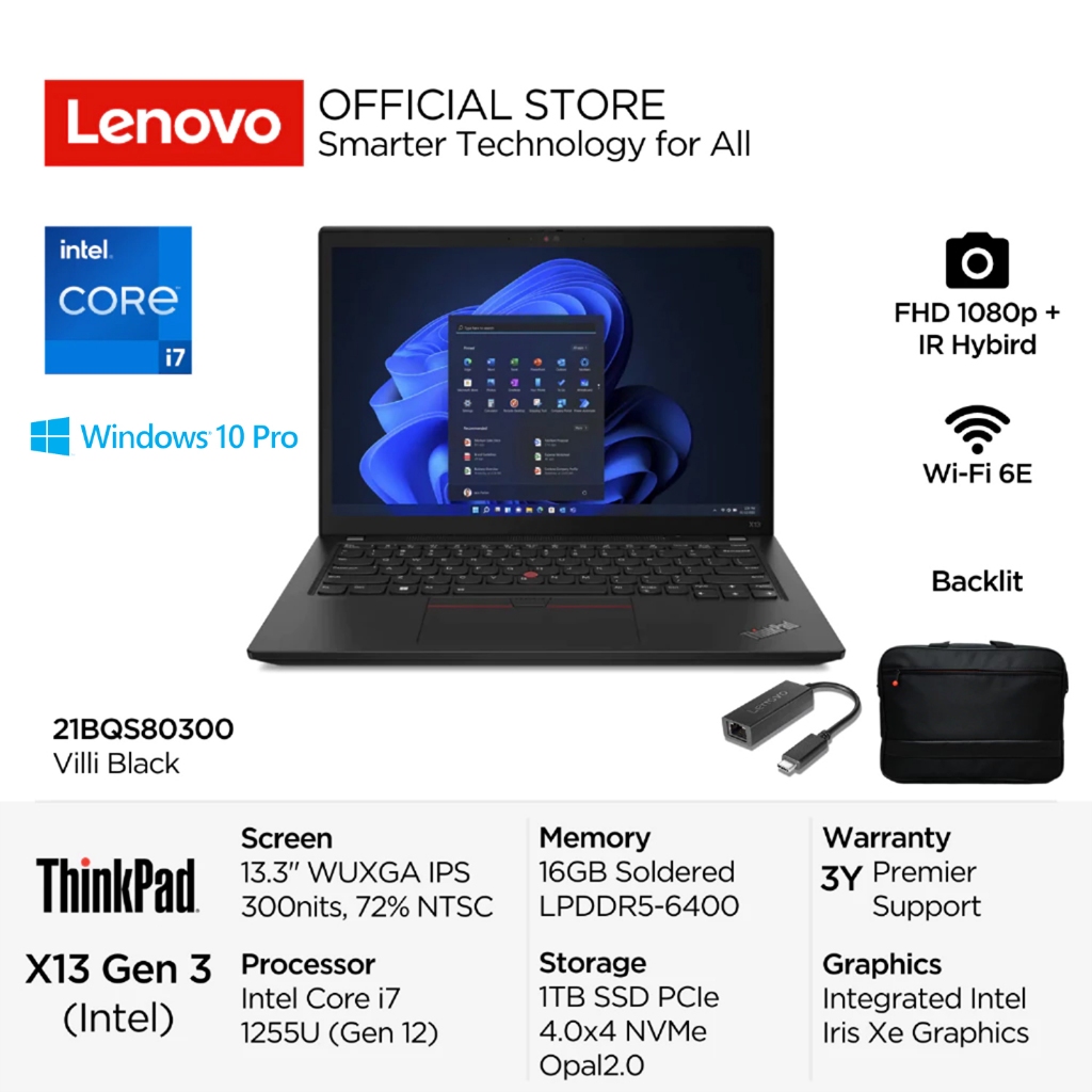 Lenovo ThinkPad X13 G3 0300 Intel Core i7 1255U vPro Win10 Pro 16GB 1TB SSD 13.3" WUXGA IPS 72% NTSC
