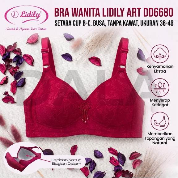 LIDILY Bra BH Wanita Jumbo DD6680 Tanpa Kawat Busa Sedang Cup B/C 36-46