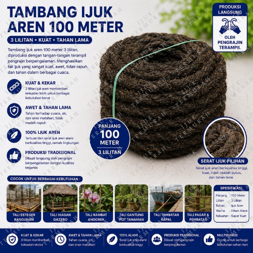 Tali Tambang ijuk aren 100 meter | Tali Ijuk Aren Super | Tali Ijuk Hitam