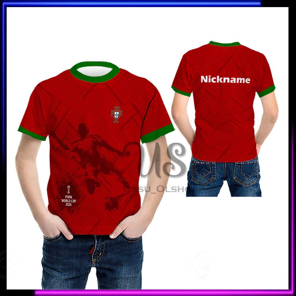 Jersey Portugal Anak / Baju Kaos Portugal Piala Dunia 2026 Custom Nama