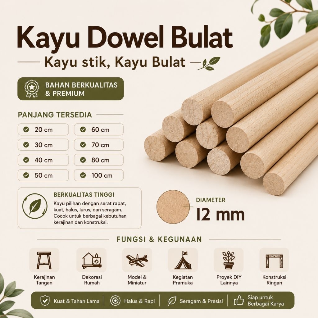 Kayu Dowel, Dowel Bulat, Kayu Stik Diameter 12 mm
