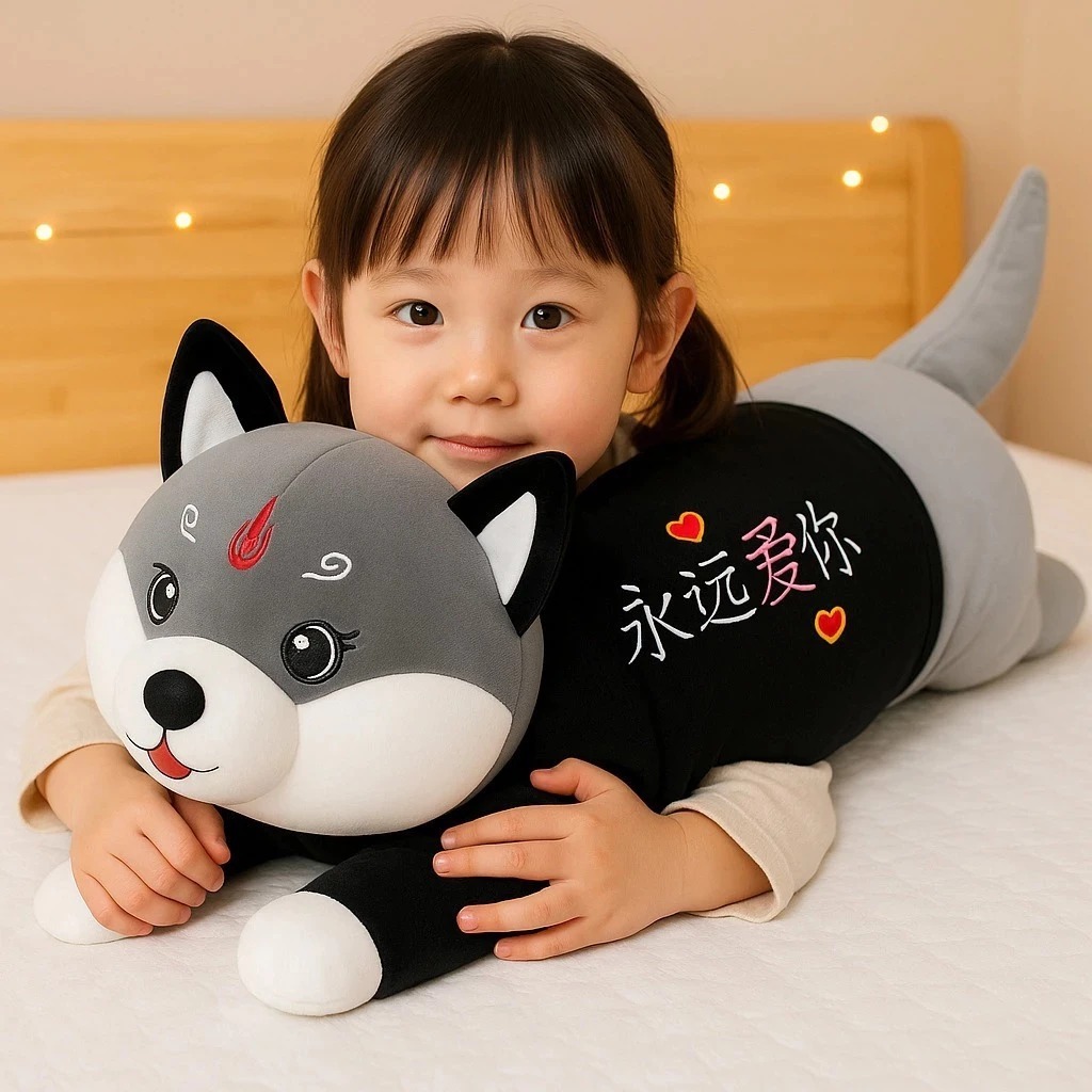 Guling Boneka Husky Lying Lucu Karakter Dog Bahan Plush Ukuran 50cm
