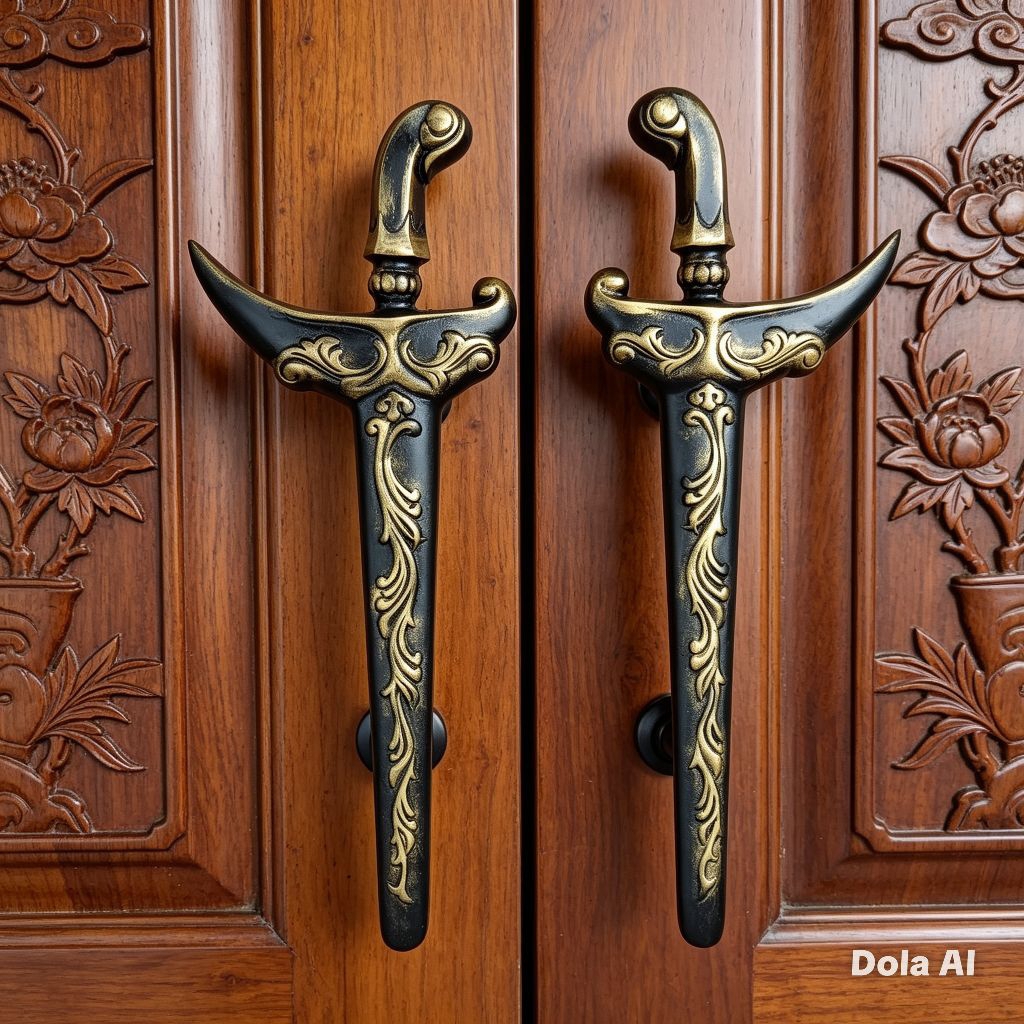 Handle Pintu Rumah Gagang Pintu Tarikan Pintu Pegangan Pintu  Aluminium Motif Keris Ukir Antik 40 cm