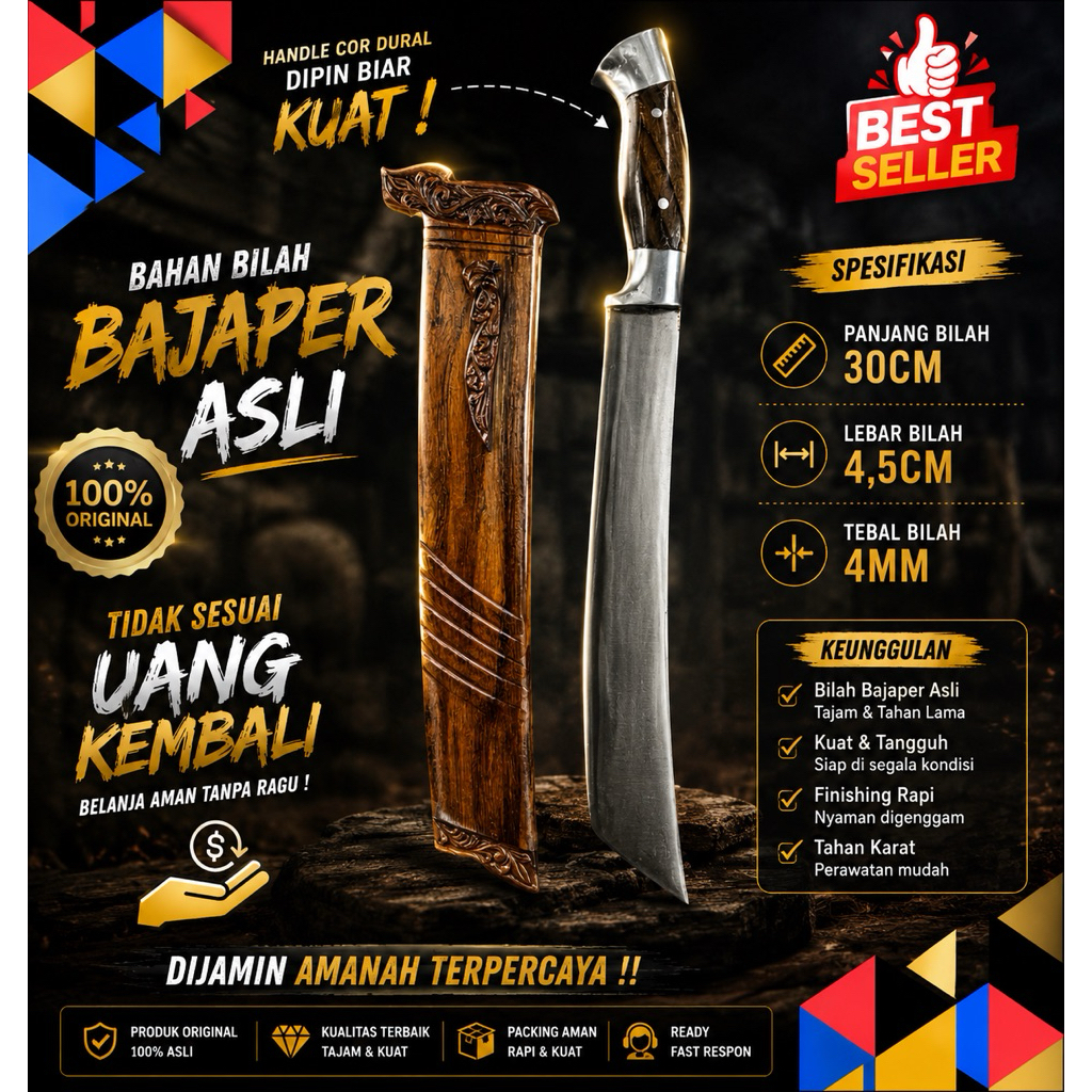 GOLOK KEBUN KOPAK DAWING 30Cm// KAYU JOHAR SUDAH DIUKIR MANUAL TANGAN // BAHAN BAJAPER SPEK MULTIFUN