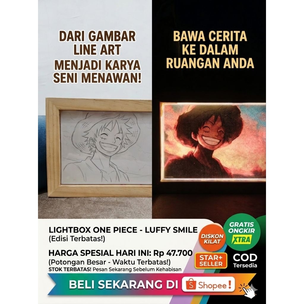Lightbox One Piece Luffy Smile Lampu Tidur Kayu Estetik Hiasan Dinding Kamar Karakter Anime Murah
