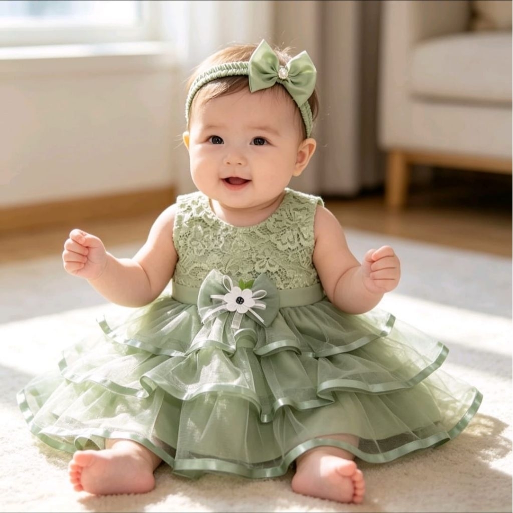 dress bayi perempuan usia 6-12 bulan warna hijau sage