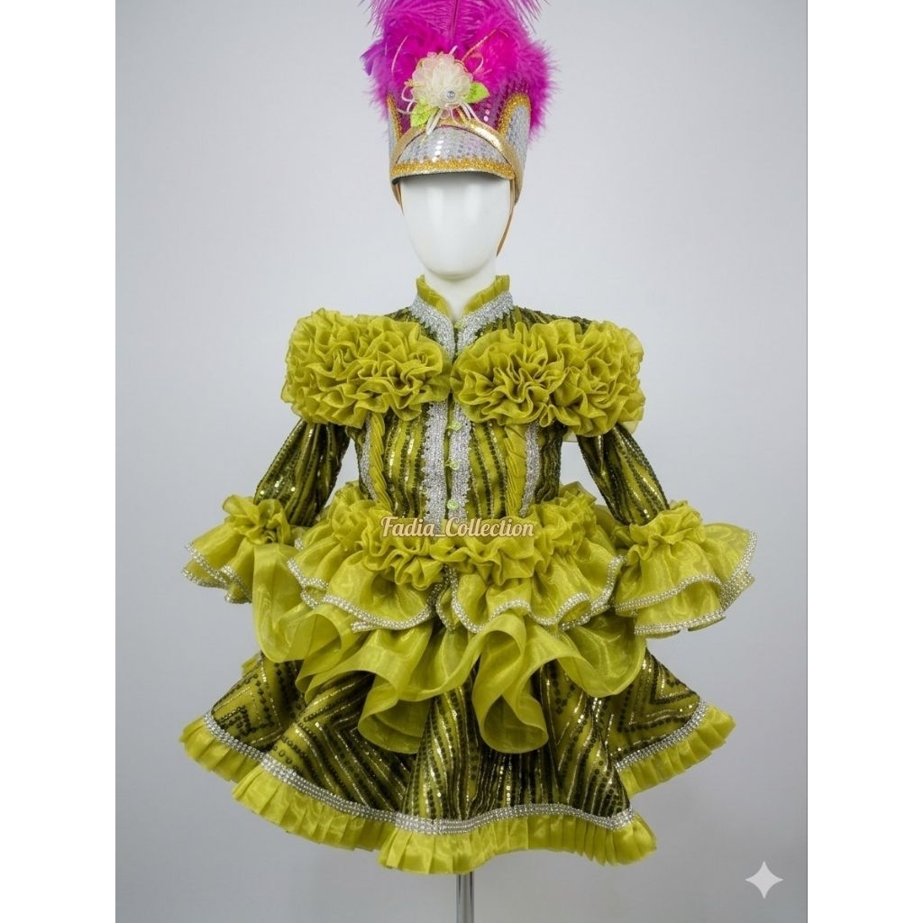 Baju Mayoret Sabrina Hijau Lemon Silver/Kostum Mayoret Cantik/Kostum Mayoret Ngembang