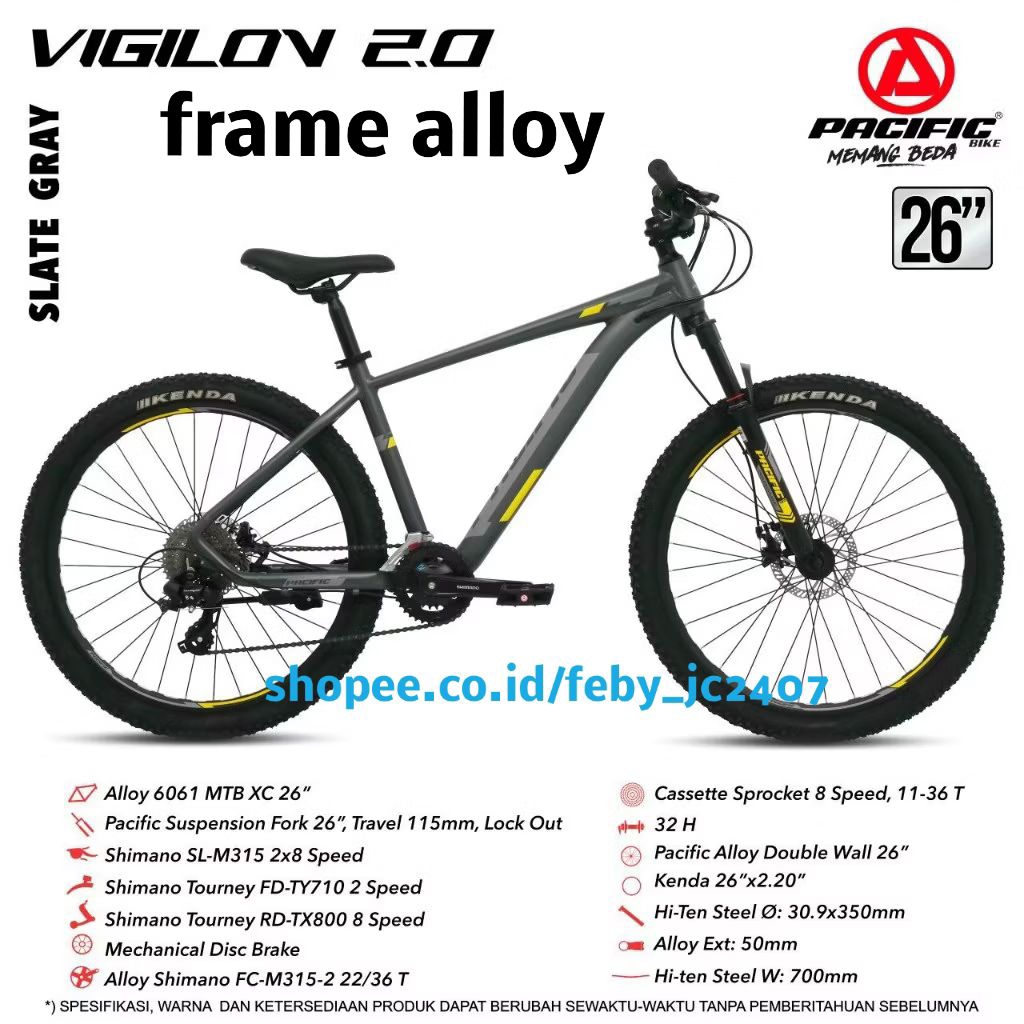 sepeda gunung MTB pacific 26 inch vigilon 2.0 frame alloy aluminum 8 speed