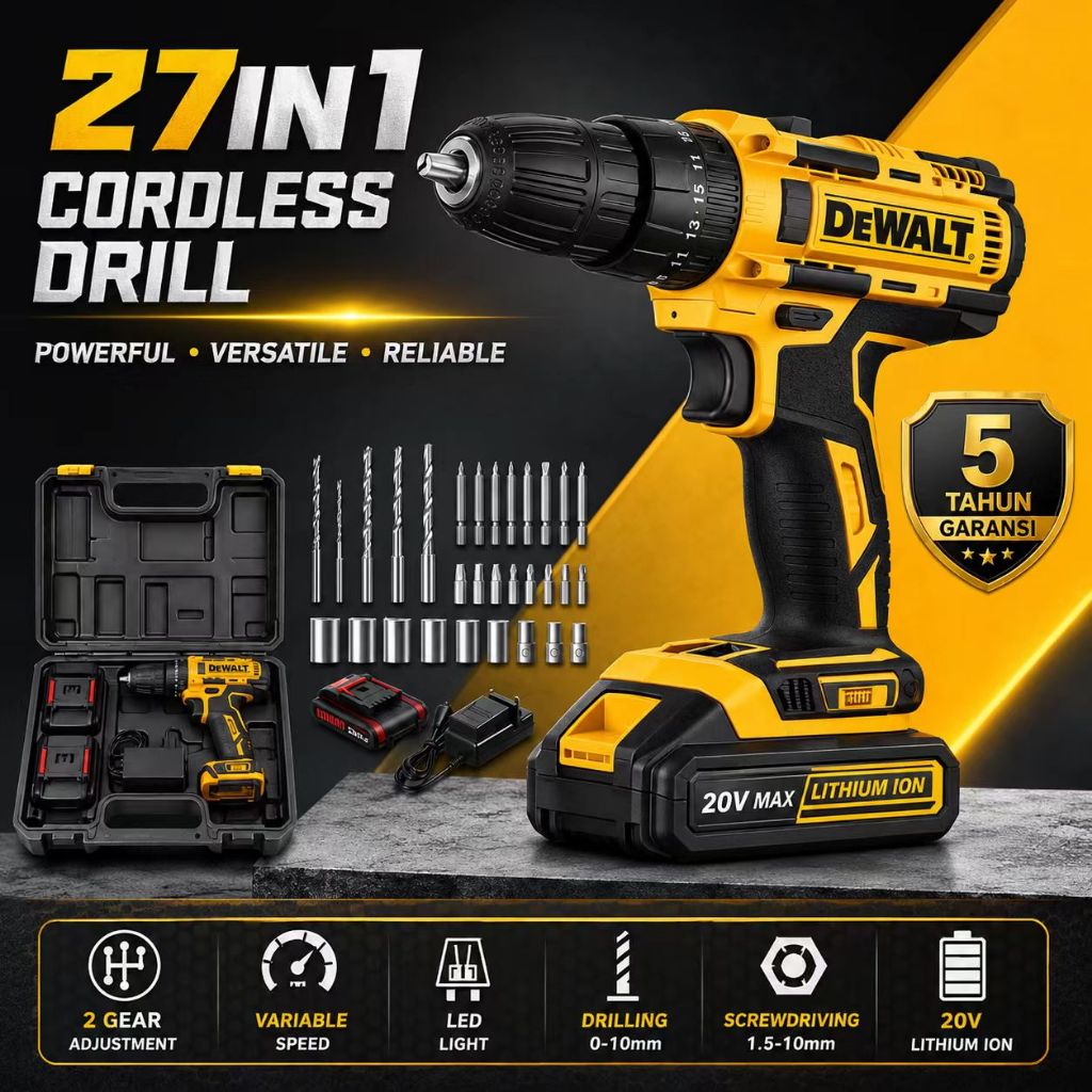 Mesin Bor Cordless DeWalt 1288V | Hammer Drill Driver | Free 2 Battery | Rechargeable Wireless