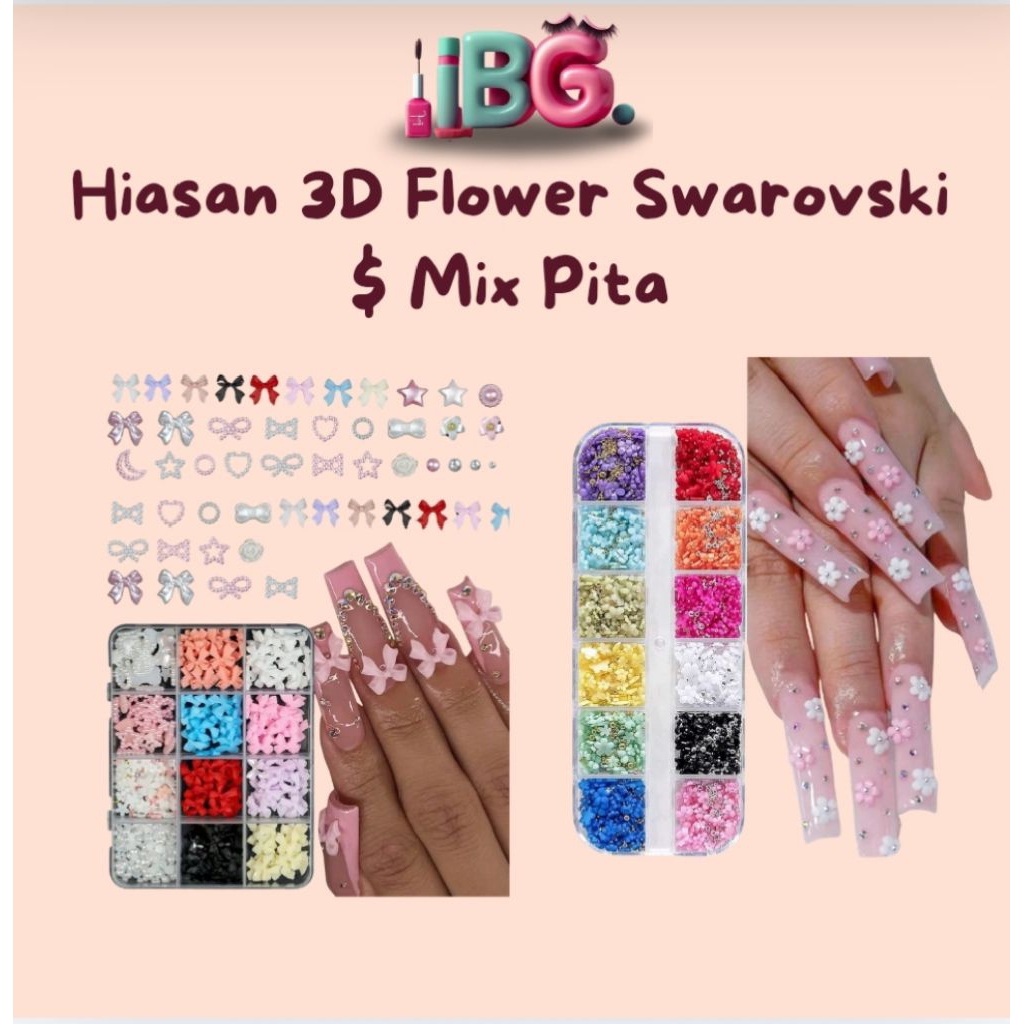 Hiasan Nail Art 3D Mix FLOWER  Decoration Box 12 Grid