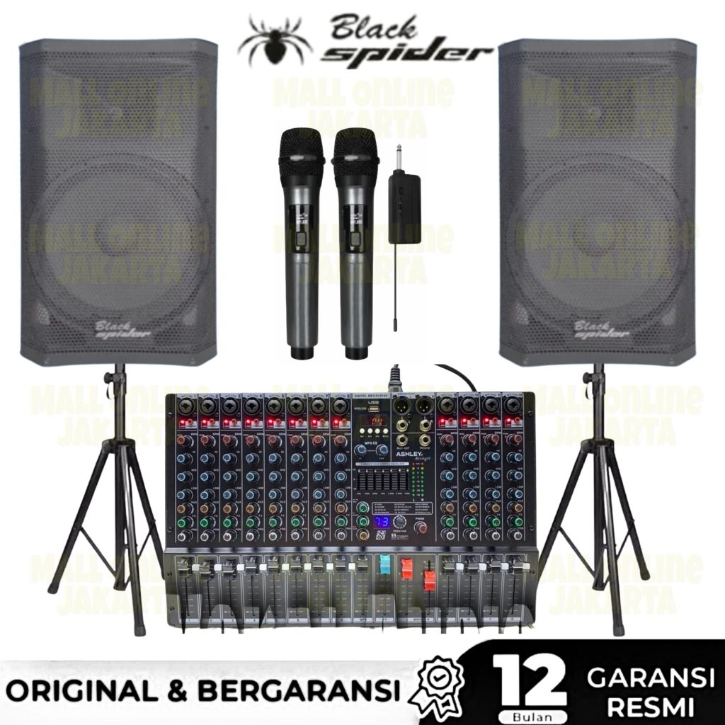Paket speaker aktif pasif 15 inch blackspider mixer 12 channel