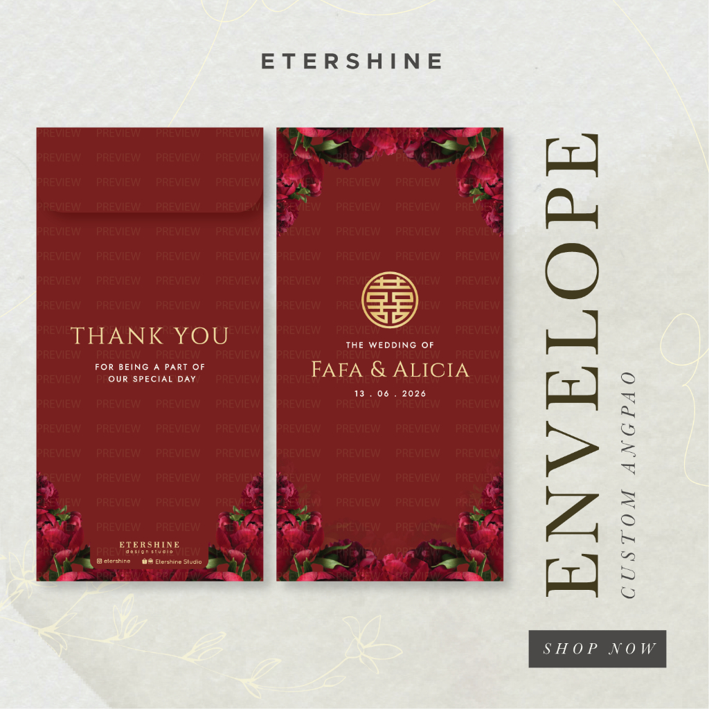 Custom Amplop Angpao Wedding Etershine Merah Floral
