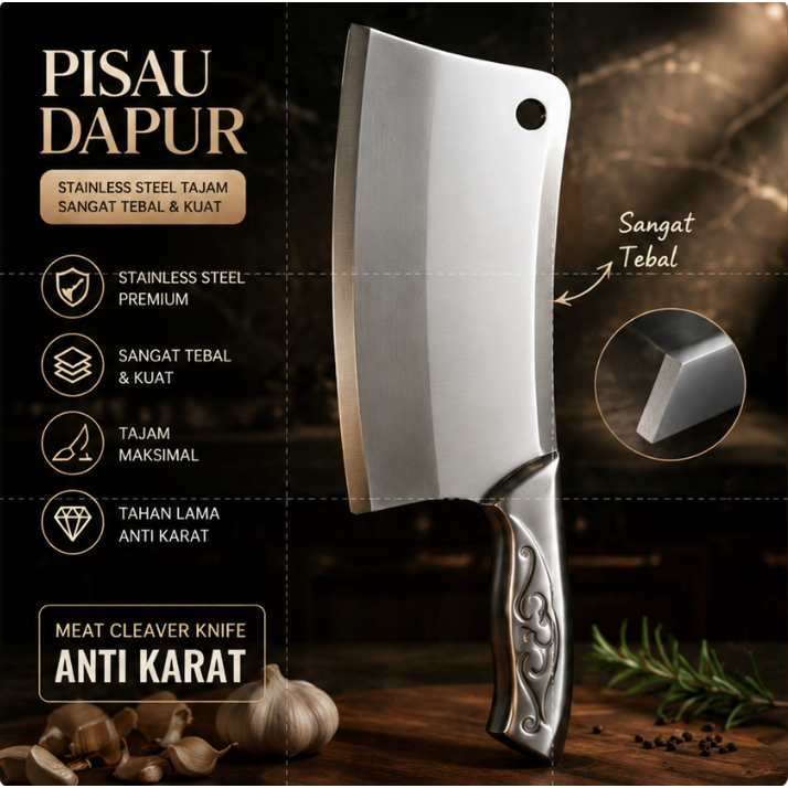 Pisau Parang Dapur Stainless Steel Tajam | Pisau Seset Daging Premium Meat Cleaver Knife Anti Karat