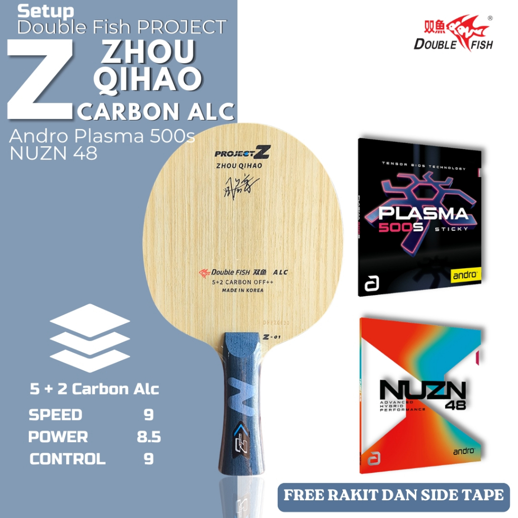 Paket Bat Rakitan Tenis Meja Pingpong Double Fish Project Z Zhou Qihao Carbon ALC Andro plasma 500s 
