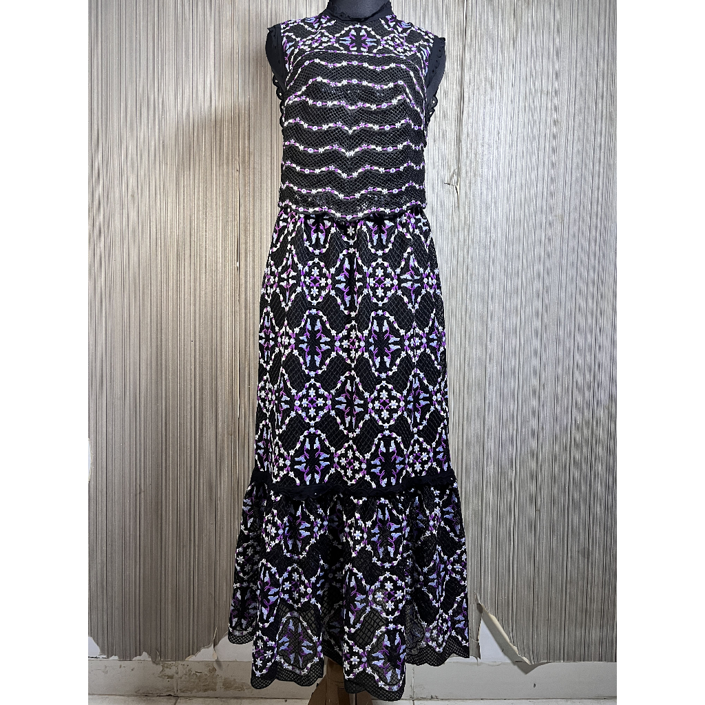 Black Purple Floral Lace Maxi Dress - Gaun Panjang Brokat Bordir Bunga